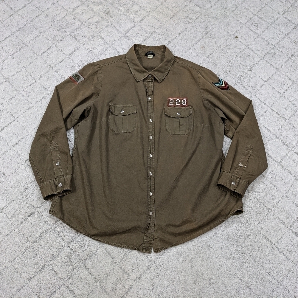 Torrid Shirt Women's 1X Brown Green Military Snap Button Patches Long Sleeve